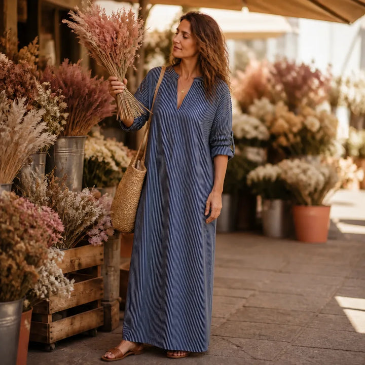 Vestara – Boho Paski V-Neck Maxi Sukienka z Kieszeniami, Długie Rękawy, Świeża, Nienaściśliwa Tkanina