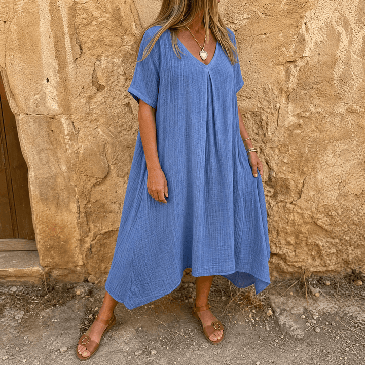Linara – Sukienka V-Neck z Bawełny i Lnu dla Kobiet