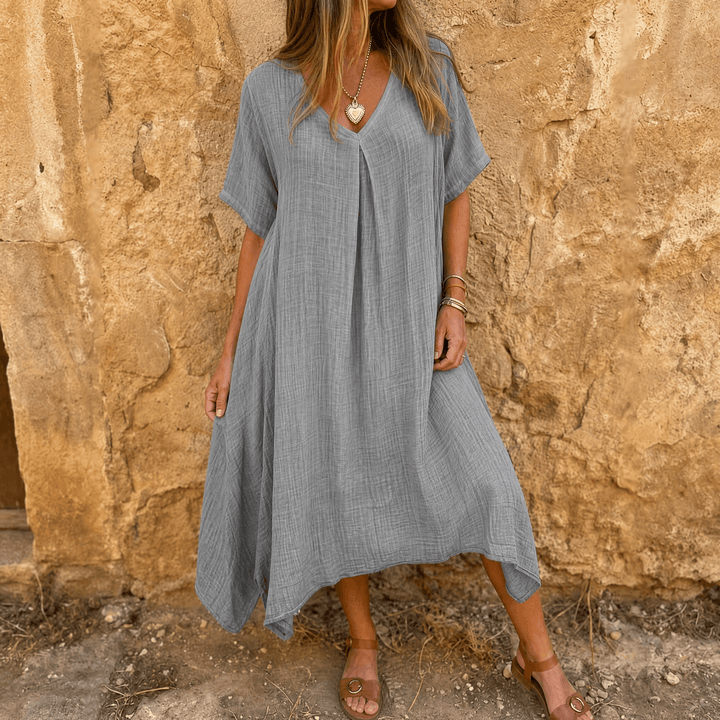 Linara – Sukienka V-Neck z Bawełny i Lnu dla Kobiet
