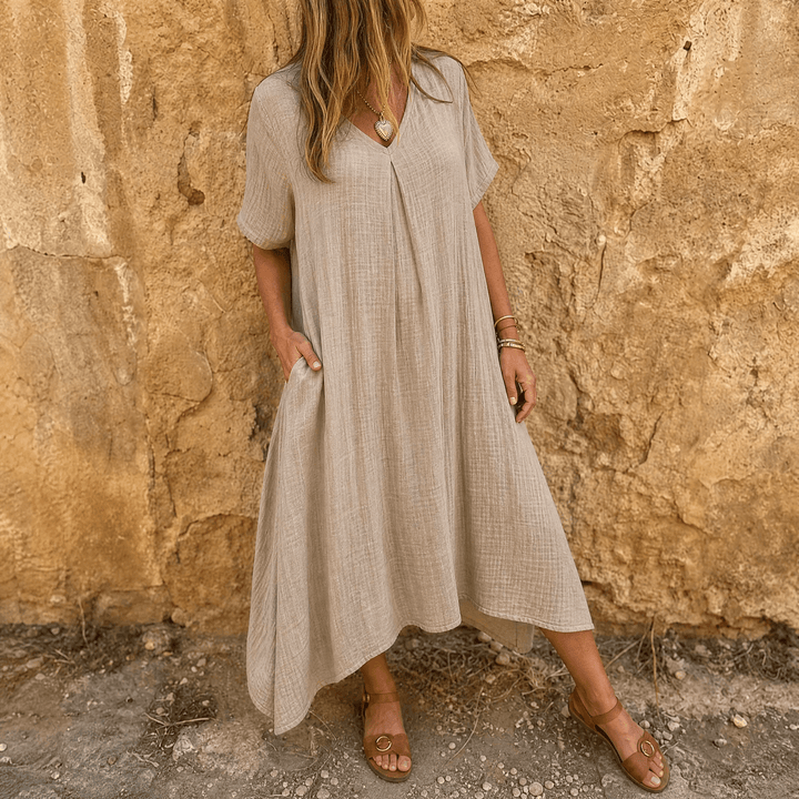 Linara – Sukienka V-Neck z Bawełny i Lnu dla Kobiet