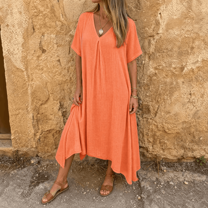 Linara – Sukienka V-Neck z Bawełny i Lnu dla Kobiet