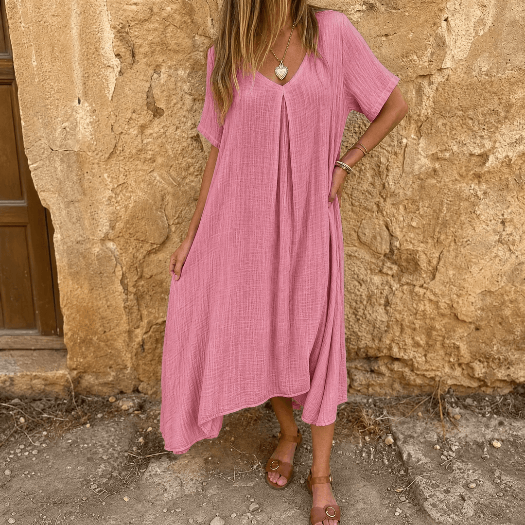 Linara – Sukienka V-Neck z Bawełny i Lnu dla Kobiet