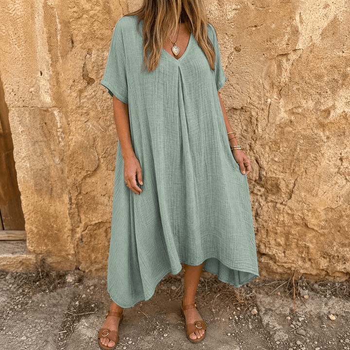Linara – Sukienka V-Neck z Bawełny i Lnu dla Kobiet