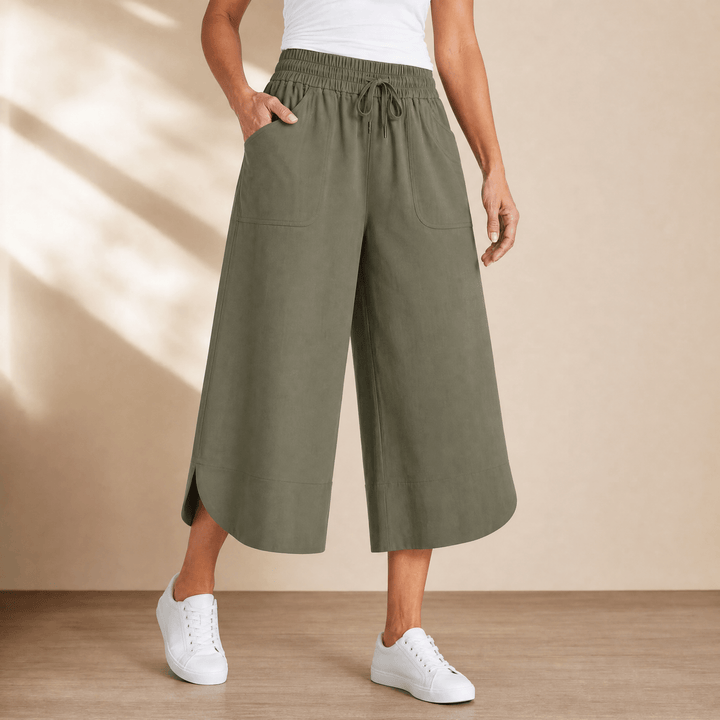 Lounella – Kobiece miękkie spodnie z szerokimi nogawkami o kroju cropped