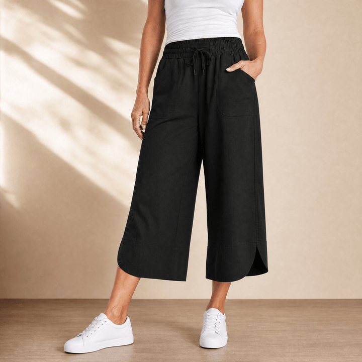 Lounella – Kobiece miękkie spodnie z szerokimi nogawkami o kroju cropped