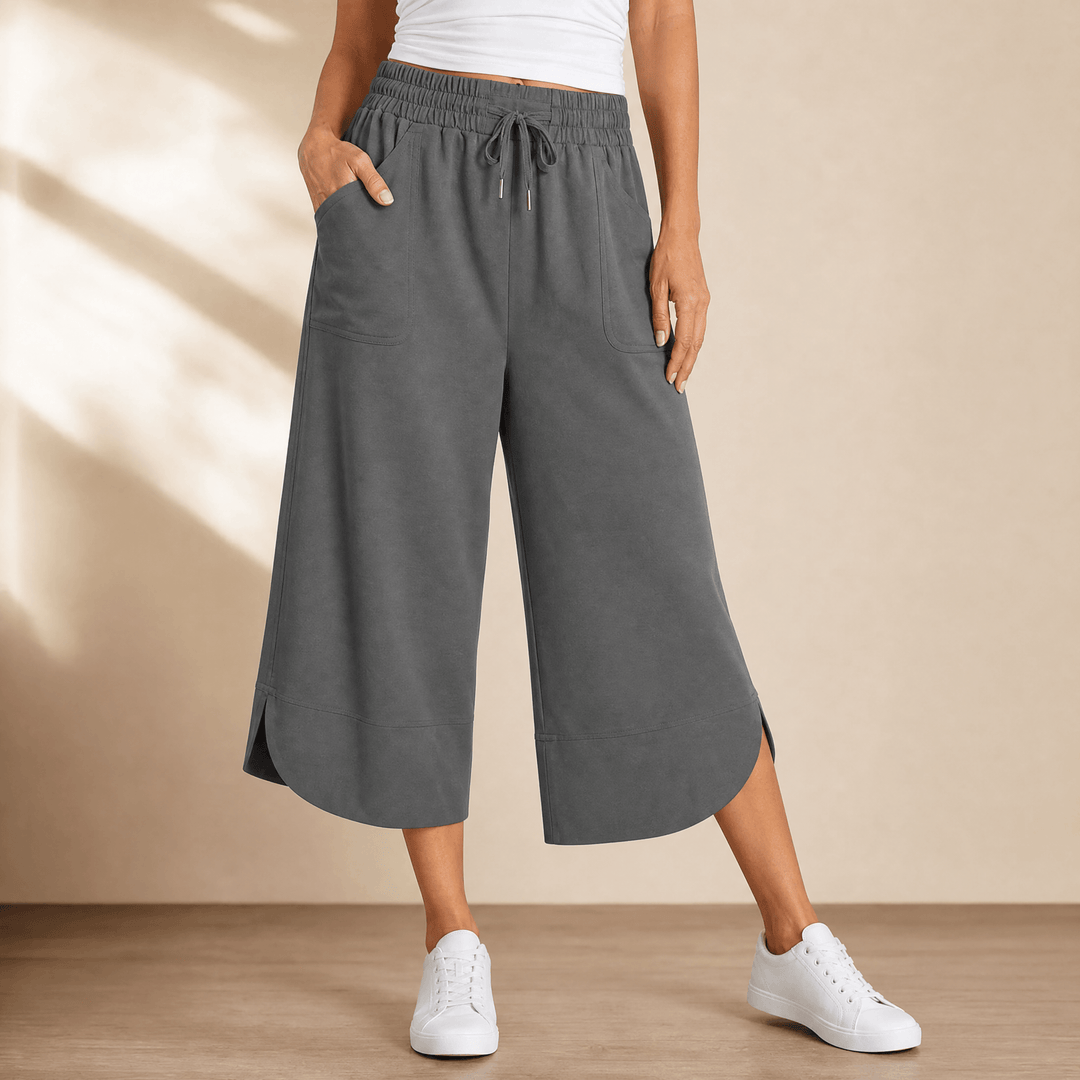Lounella – Kobiece miękkie spodnie z szerokimi nogawkami o kroju cropped