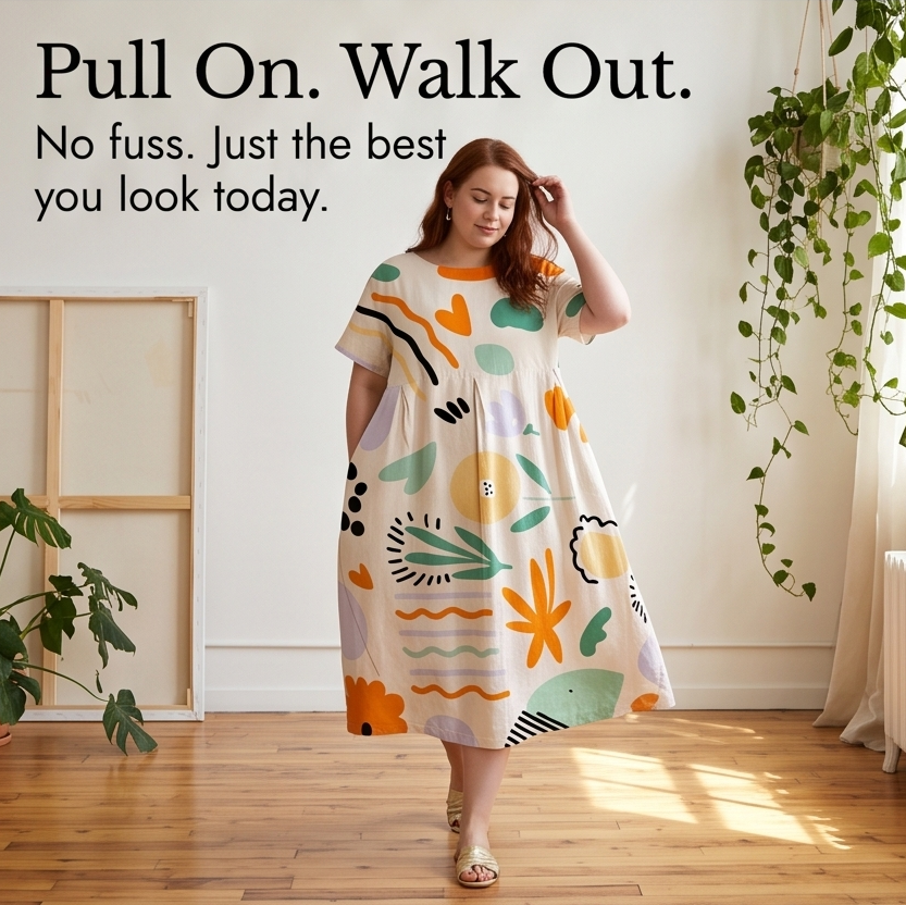Luna – Midi sukienka w rozmiarze plus-size z artystycznym nadrukiem