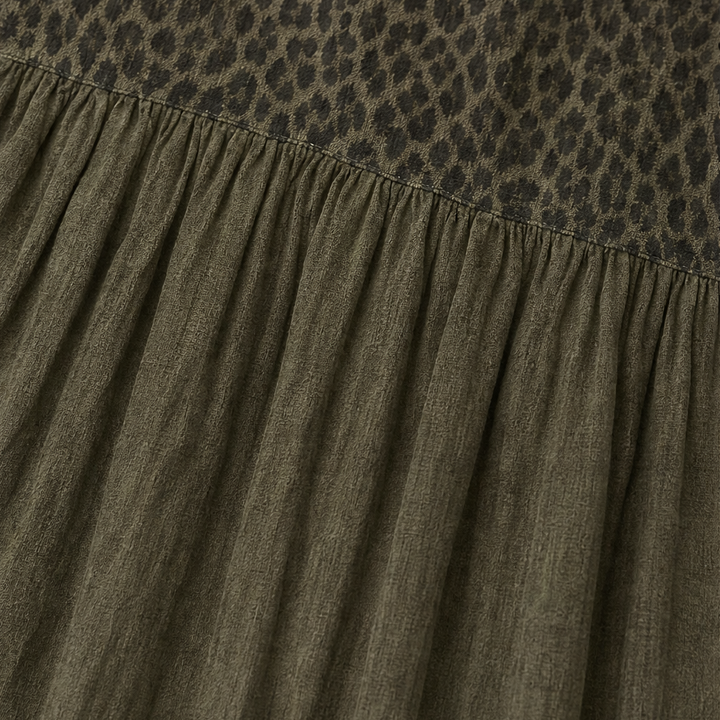 Marenza – Boho Maxi Sukienka z Leopardowym Gorsetem, Skirt z Kolorowymi Blokami, Dekolt w Serek