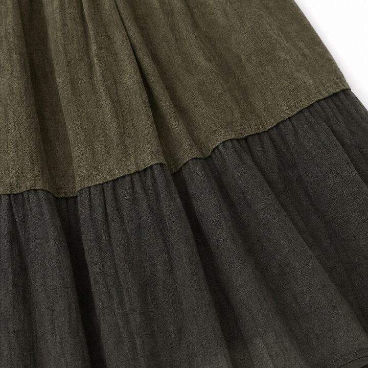 Marenza – Boho Maxi Sukienka z Leopardowym Gorsetem, Skirt z Kolorowymi Blokami, Dekolt w Serek