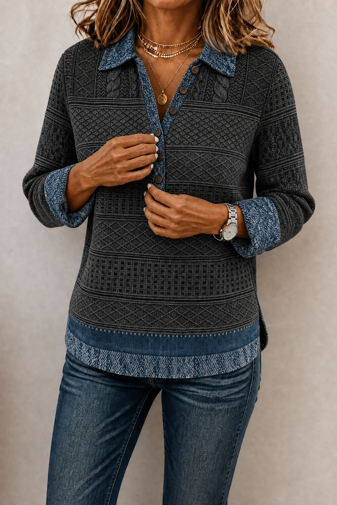 Layerlyn – Bluzka dzianinowa z denimu w patchworkowym wzorze