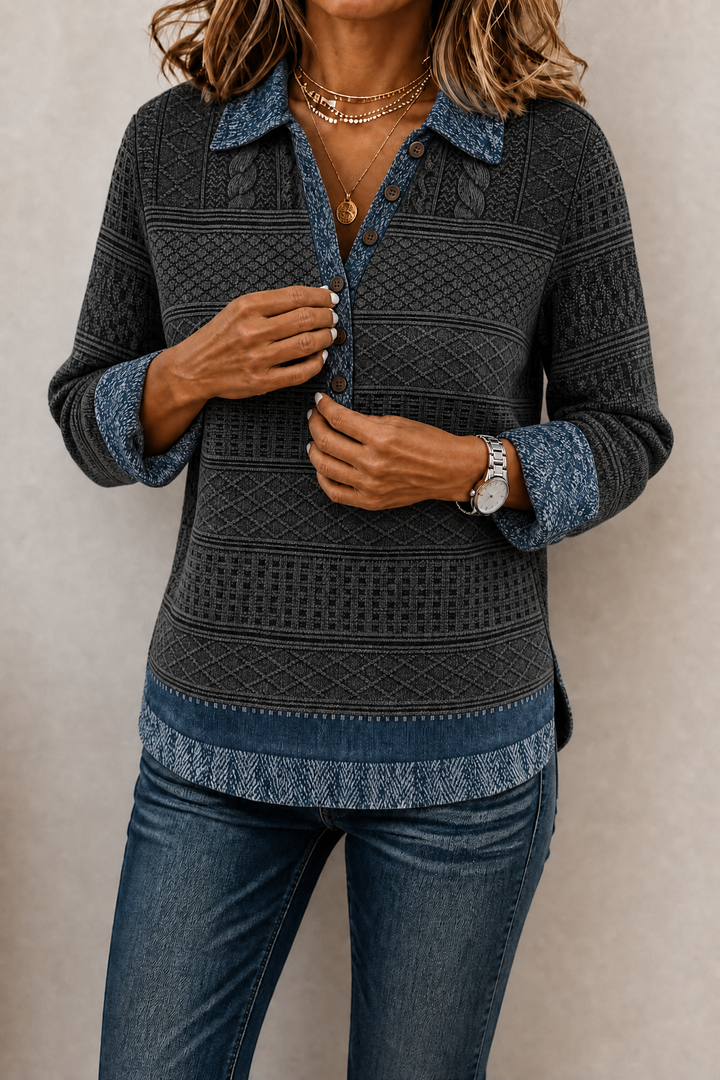 Layerlyn – Bluzka dzianinowa z denimu w patchworkowym wzorze