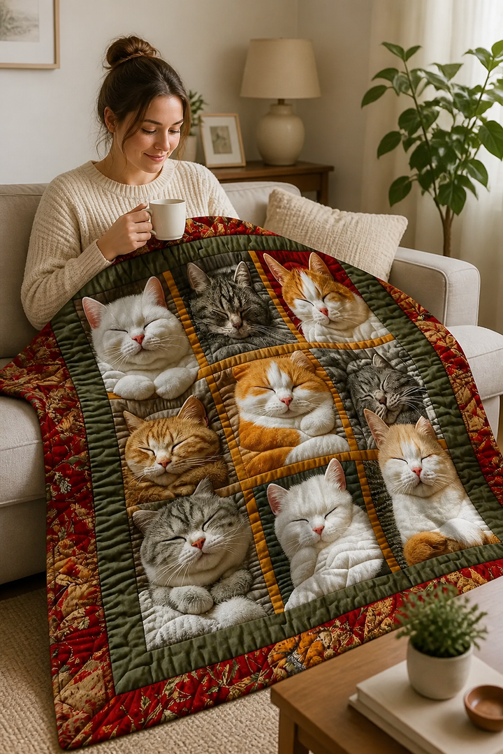 Purrfecto – Odwracalny koc flanelowy z dziewięcioma śpiącymi kotami