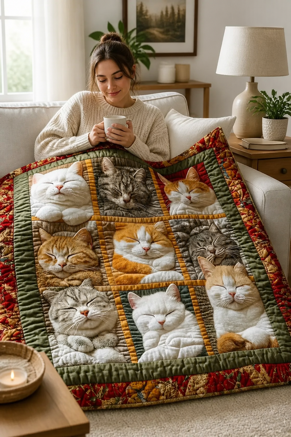Purrfecto – Odwracalny koc flanelowy z dziewięcioma śpiącymi kotami