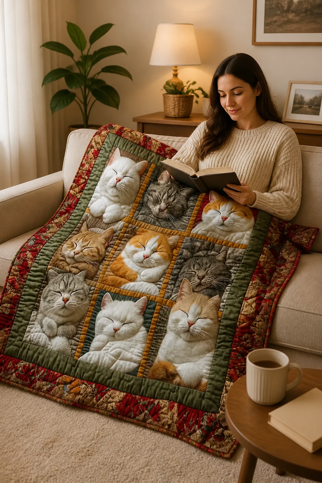 Purrfecto – Odwracalny koc flanelowy z dziewięcioma śpiącymi kotami