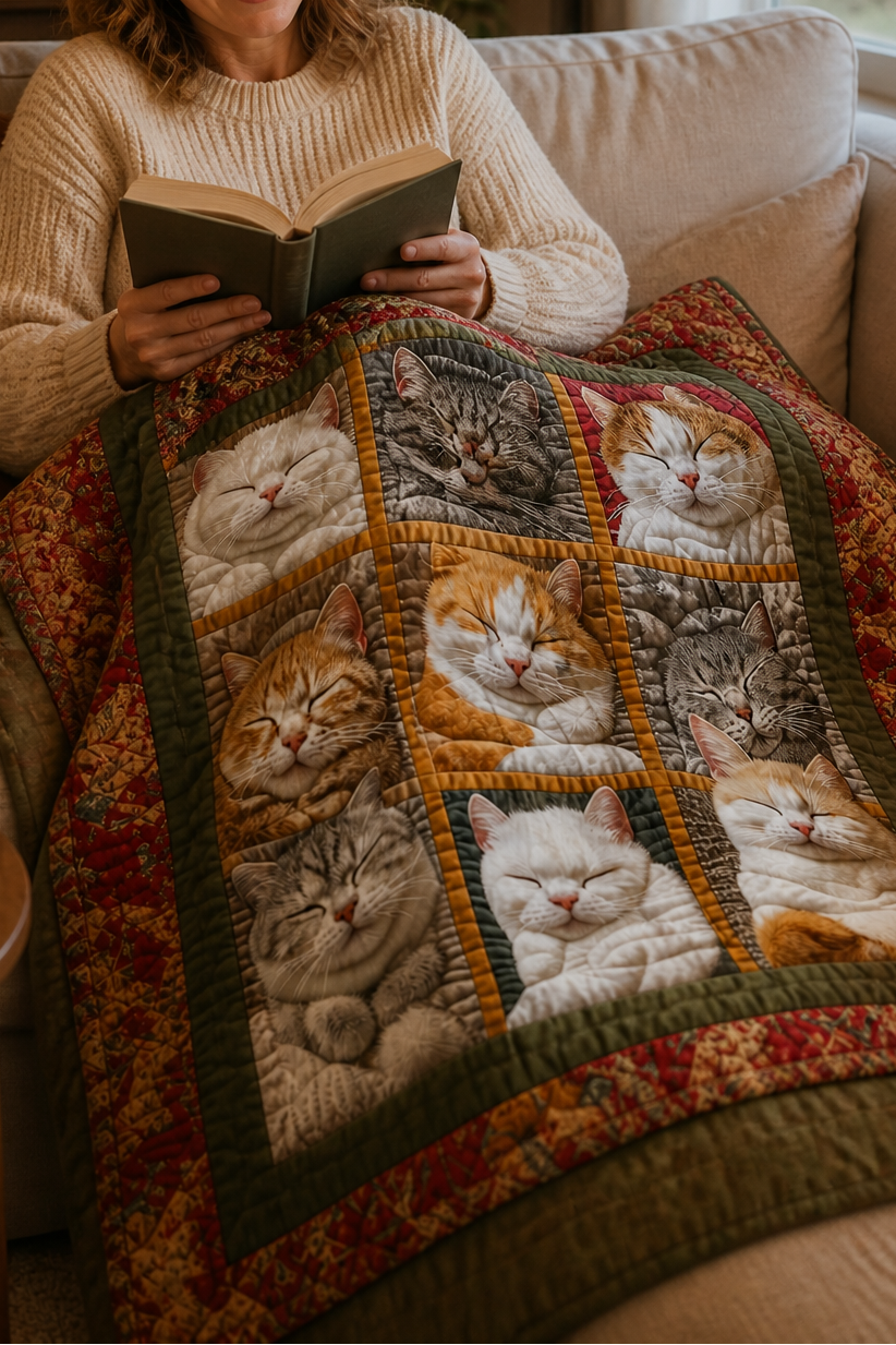 Purrfecto – Odwracalny koc flanelowy z dziewięcioma śpiącymi kotami
