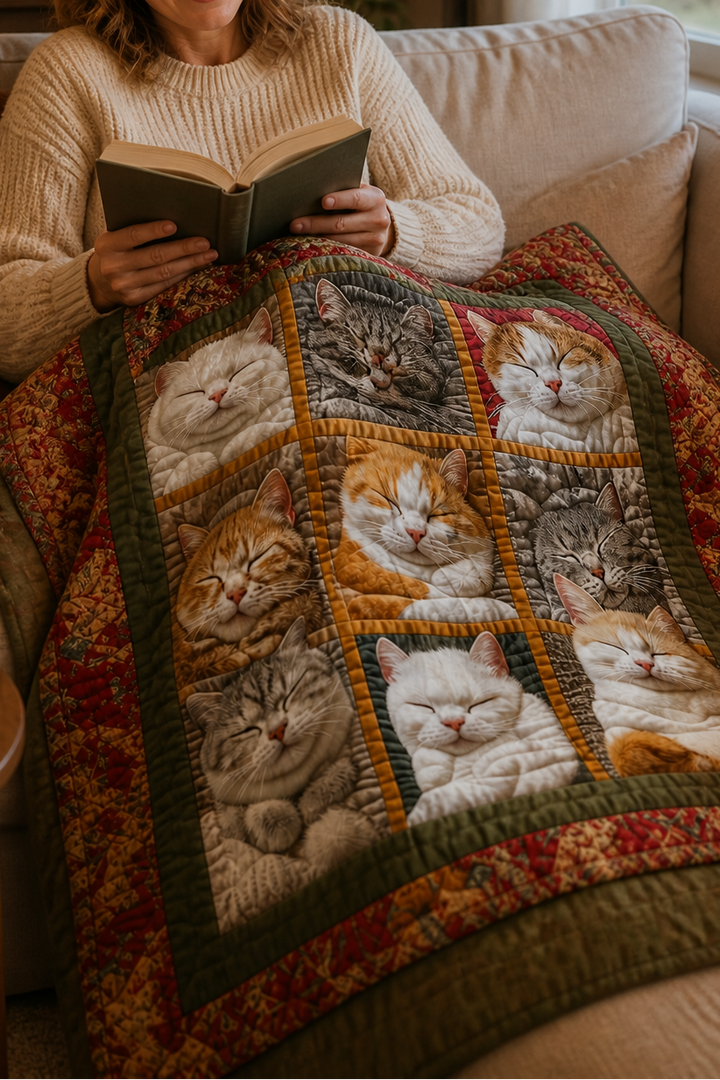 Purrfecto – Odwracalny koc flanelowy z dziewięcioma śpiącymi kotami