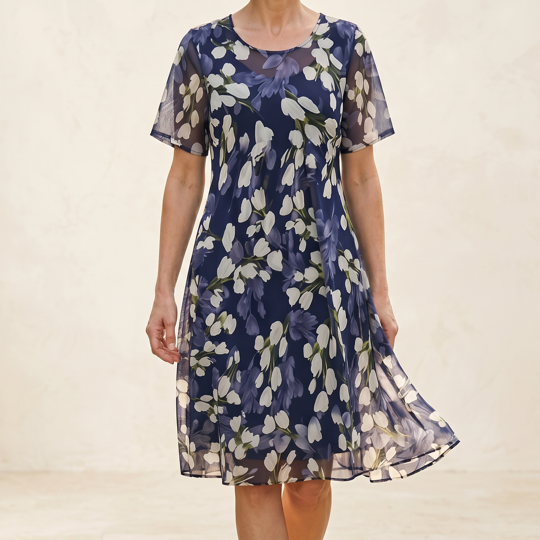 Florenza – Elegancka granatowa sukienka midi w kwiaty dla kobiet