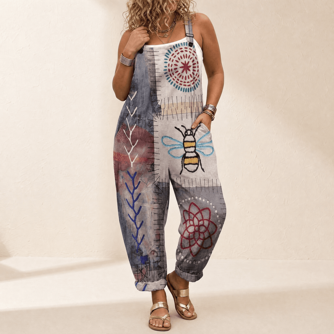 QueenBee – Damski Artystyczny Print Plus-Size Ogrodniczki
