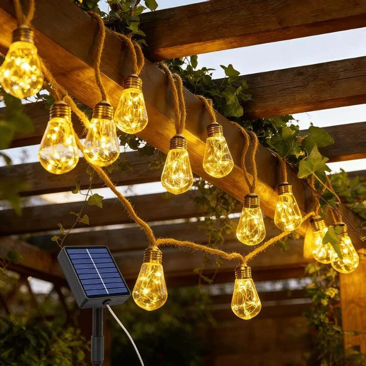 Glowvine – Słoneczne Lampki z Liny Konopnej z Vintage Żarówkami LED