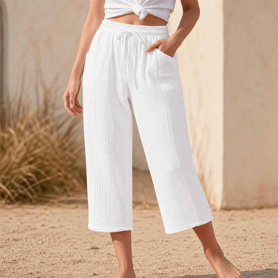Linelle – Kobiece Spodnie Cropped z Szerokimi Nogawkami i Kieszeniami