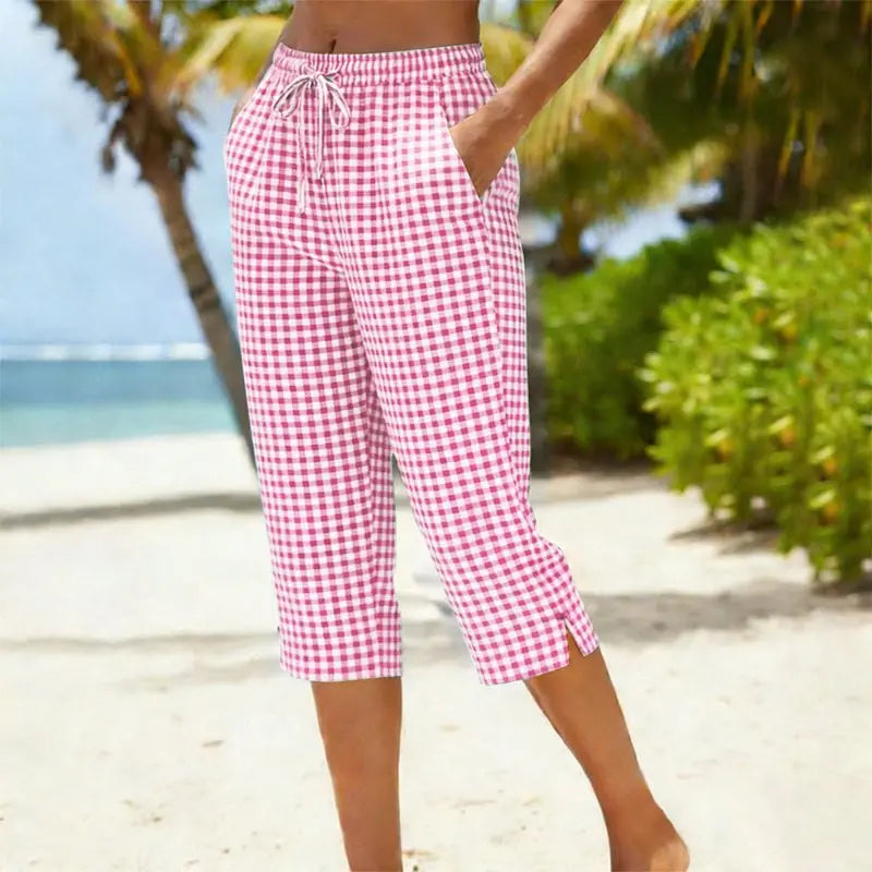 Sunavea – Damskie spodnie capri w kratkę z troczkami na lato