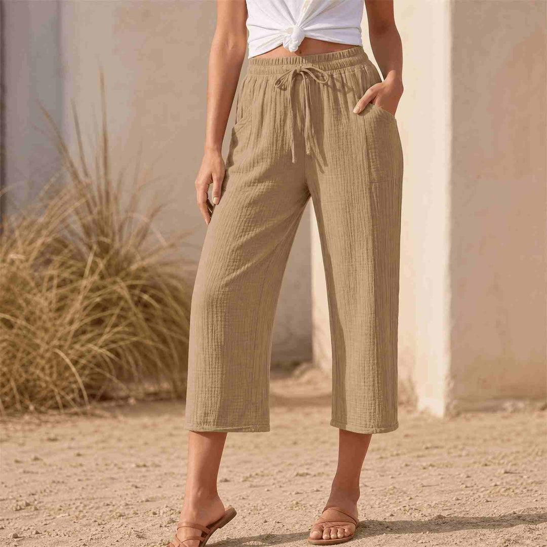 Linelle – Kobiece Spodnie Cropped z Szerokimi Nogawkami i Kieszeniami