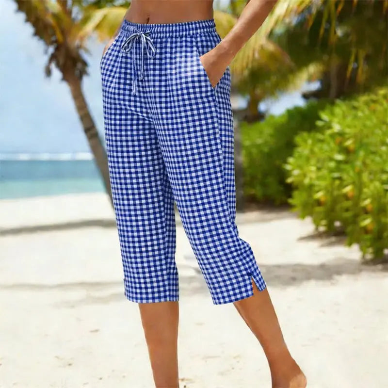 Sunavea – Damskie spodnie capri w kratkę z troczkami na lato