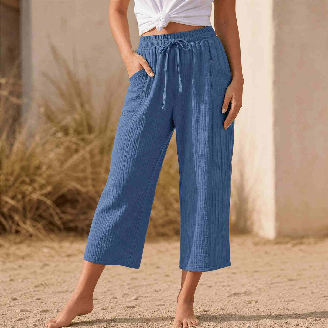 Linelle – Kobiece Spodnie Cropped z Szerokimi Nogawkami i Kieszeniami