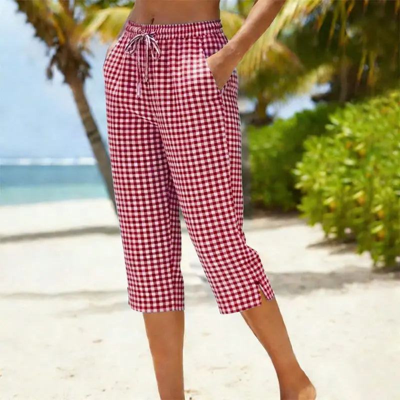 Sunavea – Damskie spodnie capri w kratkę z troczkami na lato