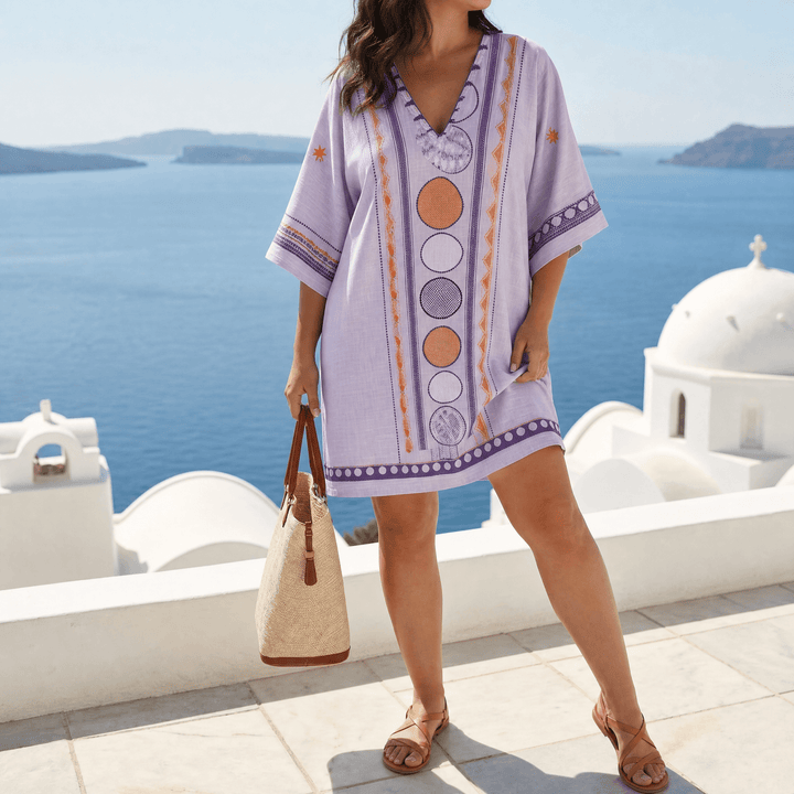 Sienna – Kobieca Mini Sukienka Kaftan z Haftem