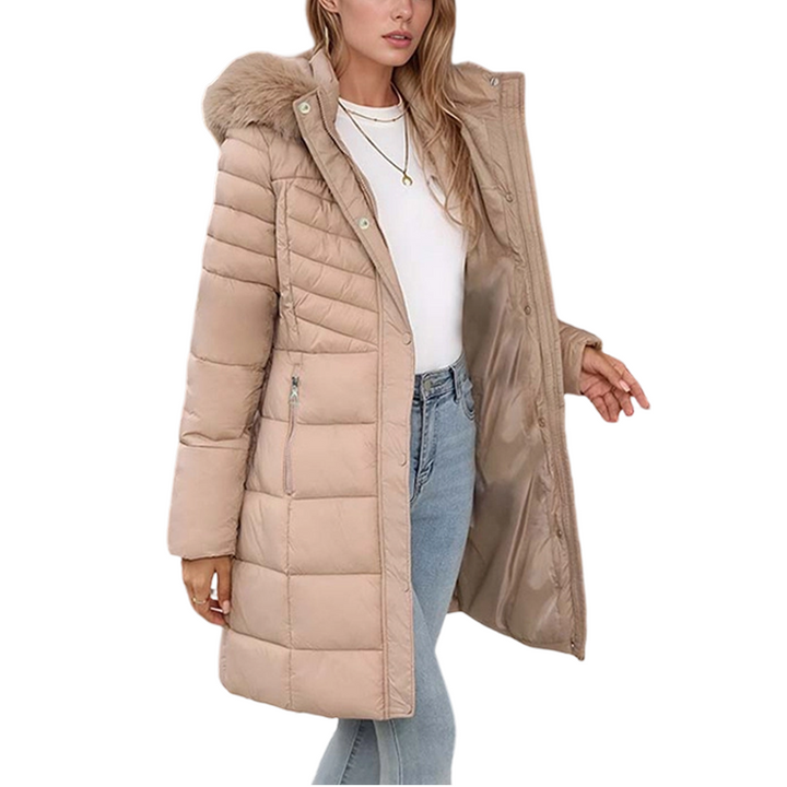 Chevronwarm – Długi Puchowy Płaszcz z Futrzanym Kapturem