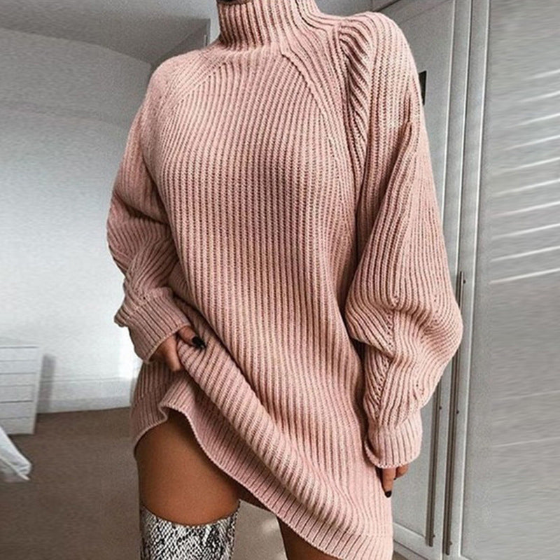 Cozyelle – Sweter Sukienka z Rękawami Raglan i Wysokim Kołnierzem