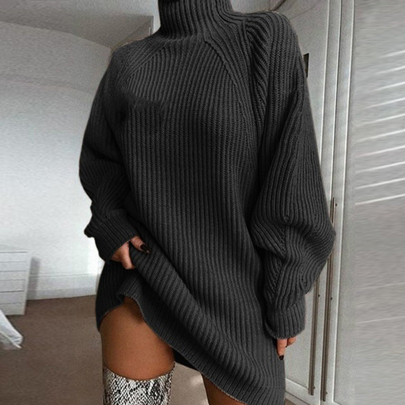Cozyelle – Sweter Sukienka z Rękawami Raglan i Wysokim Kołnierzem