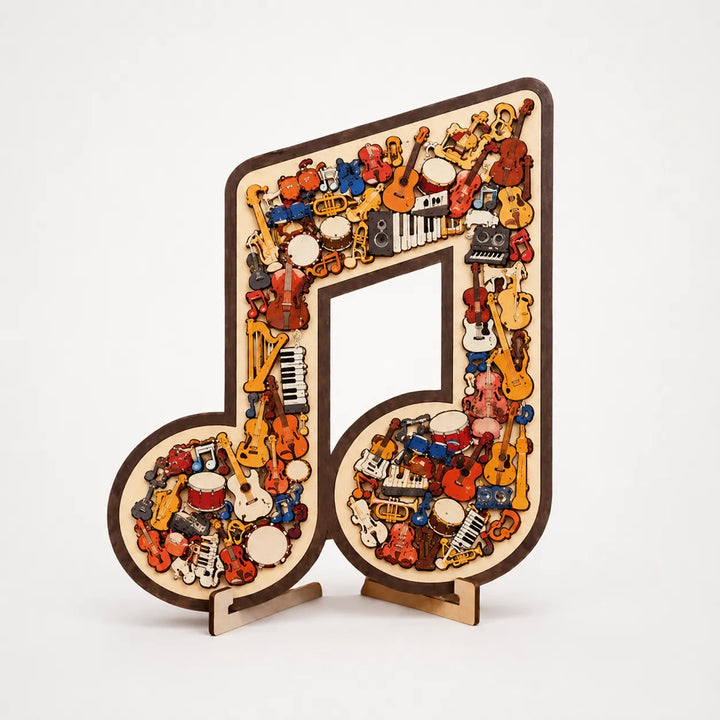 Melora – Puzzle w kształcie nuty muzycznej z drewnianym wyglądem, w zestawie z podstawą do wyświetlania