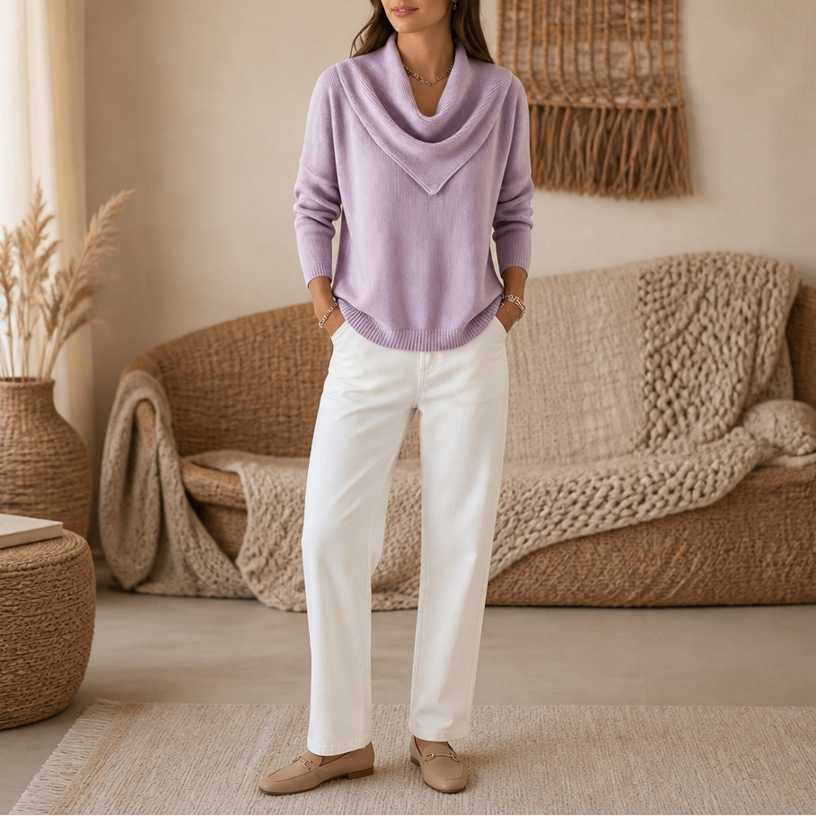 Collarvie – Sweter z drapowanym, otwartym kołnierzem