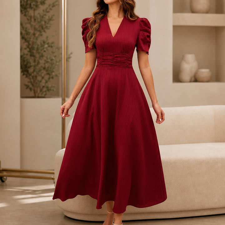 Wearbella – Sukienka midi z marszczonym pasem i bufiastymi rękawami w dekolcie w serek