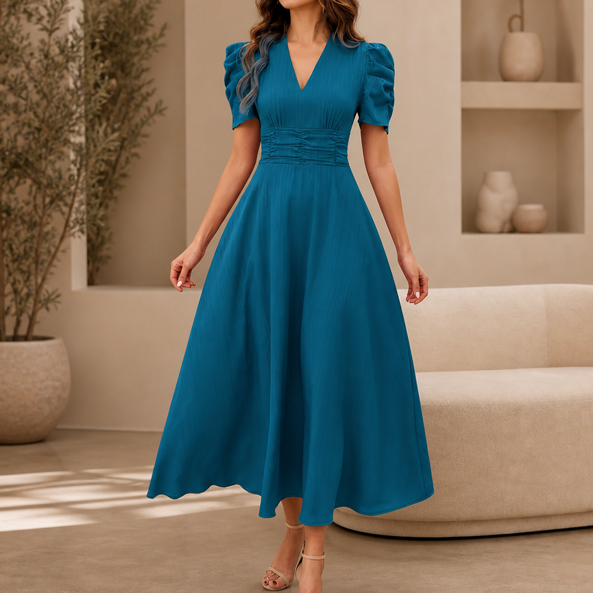 Wearbella – Sukienka midi z marszczonym pasem i bufiastymi rękawami w dekolcie w serek