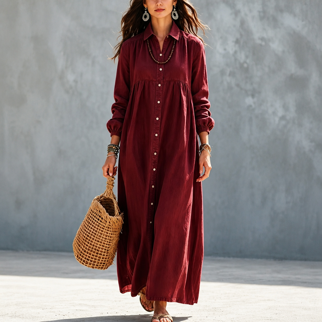 Linalle – Sukienka maxi z przodu na guziki w stylu lnianym