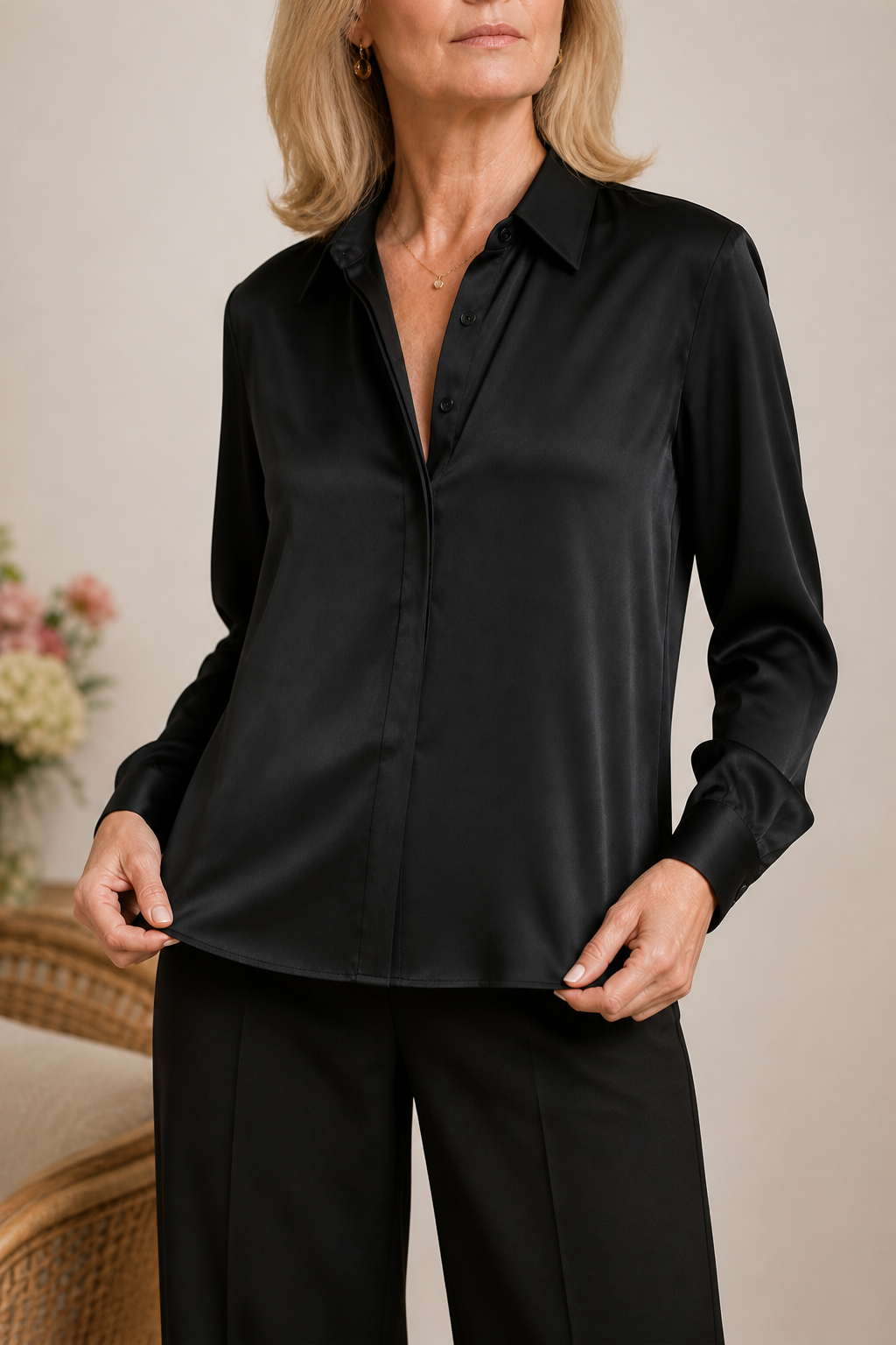 Placket &amp; Poise – Bluzka z ukrytym zapięciem, satynowa, z długim rękawem