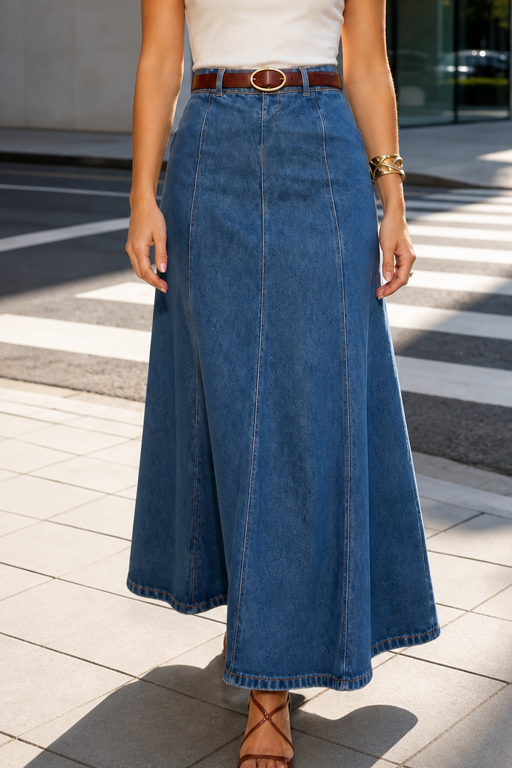 Wearbella – Spódnica Maxi Dżinsowa w Stylu A z Wysokim Stanem