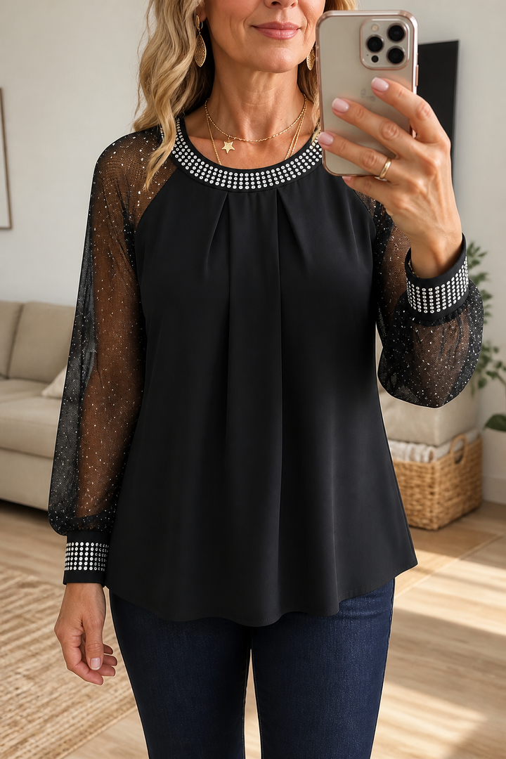 Wearbella – Bluzka plisowana z przezroczystymi rękawami wykończona cekinami