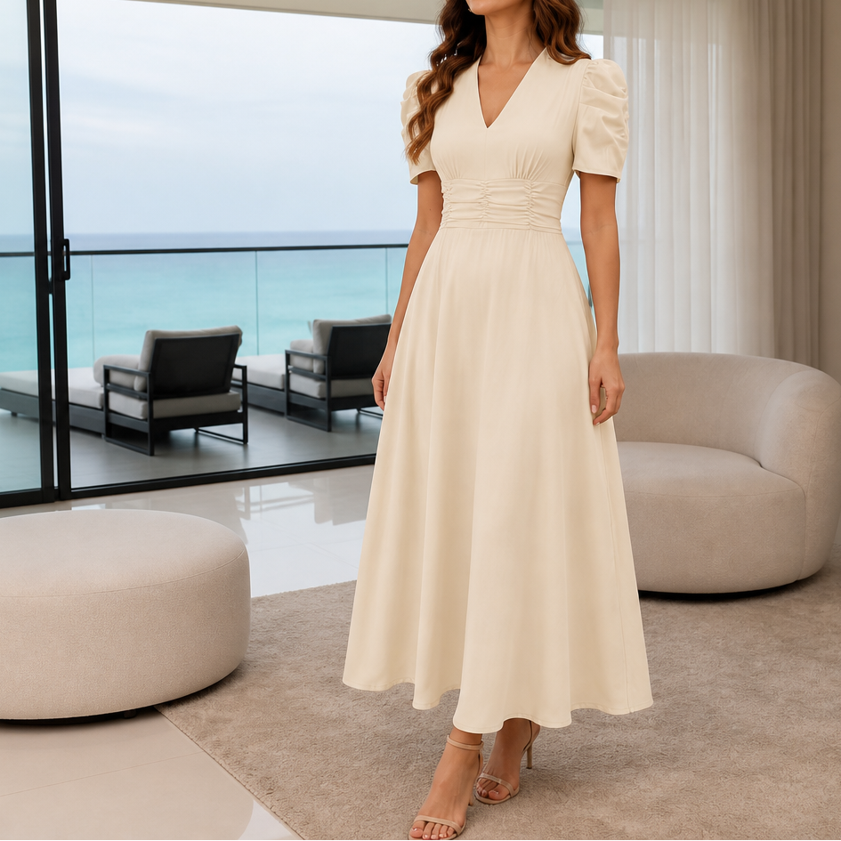 Wearbella – Sukienka midi z marszczonym pasem i bufiastymi rękawami w dekolcie w serek
