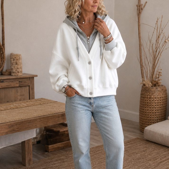 Layerelle – Kolorowy Blokowany Hoodie z Faux-Warstwą i Dekoltem w Serek