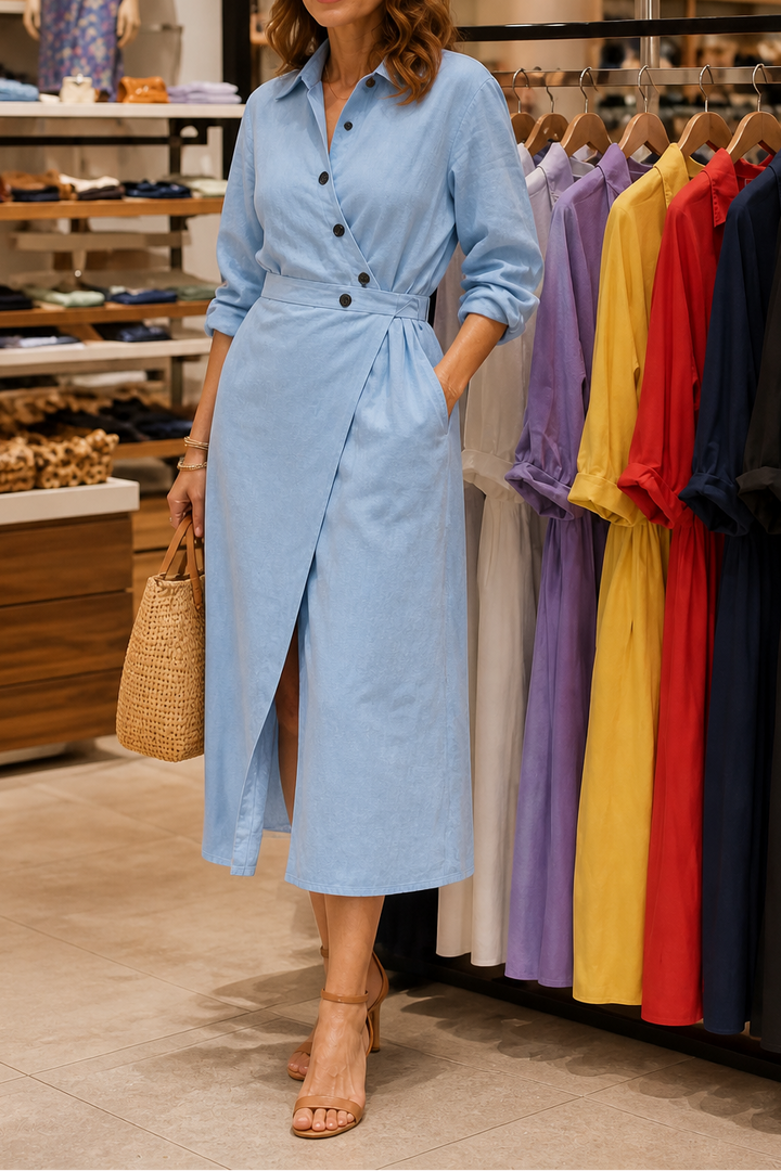 Wrapdaily – Sukienka koszulowa midi A-Line z paskiem i kieszeniami