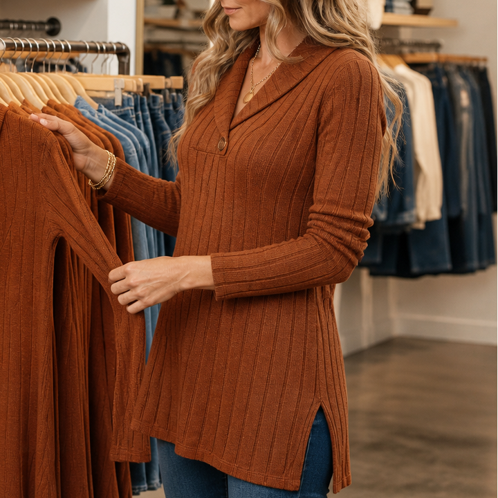 Curvella – Prążkowany top z dekoltem w serek, dopasowany