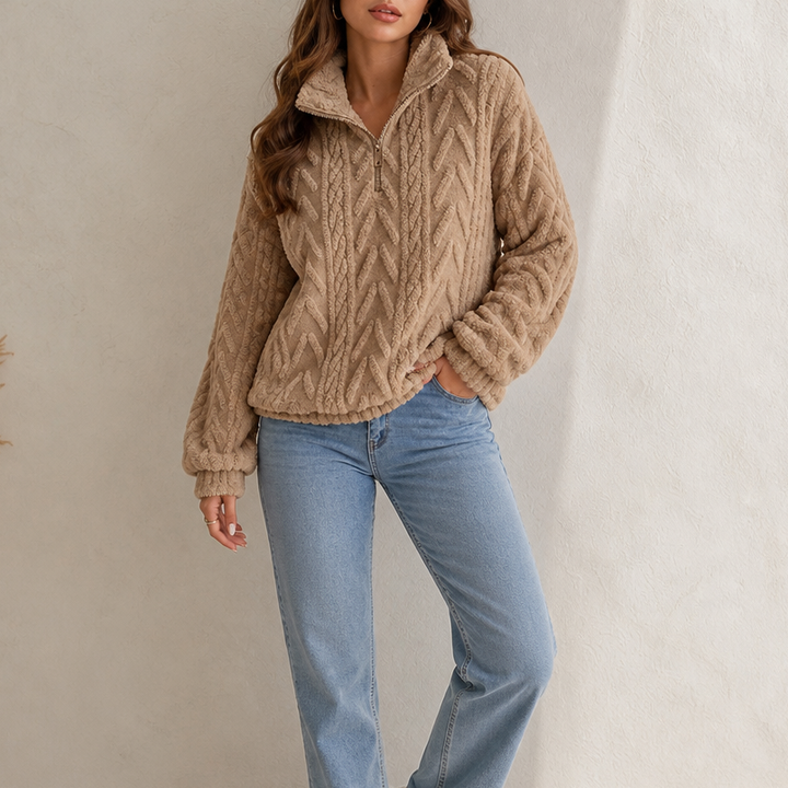 Cable &amp; Cozy – Sweter z dzianiny warkoczowej z krótkim zamkiem