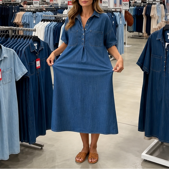 Denimly – Sukienka Midi z Kołnierzykiem i Kieszeniami