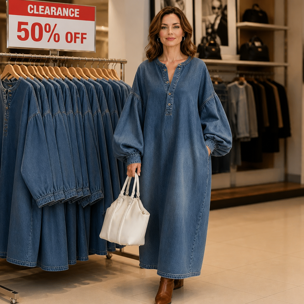 Denara – Sukienka maxi z denimu z lanternowymi rękawami i półguzikami