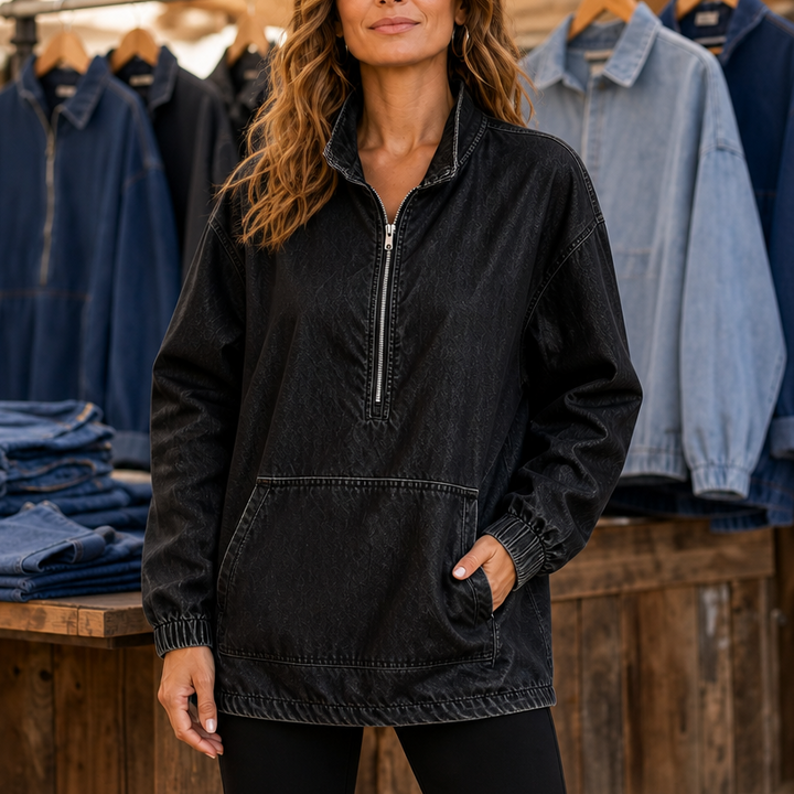 Half-Zip Haven – Pulower z połową zamka w wyglądzie prania dżinsu