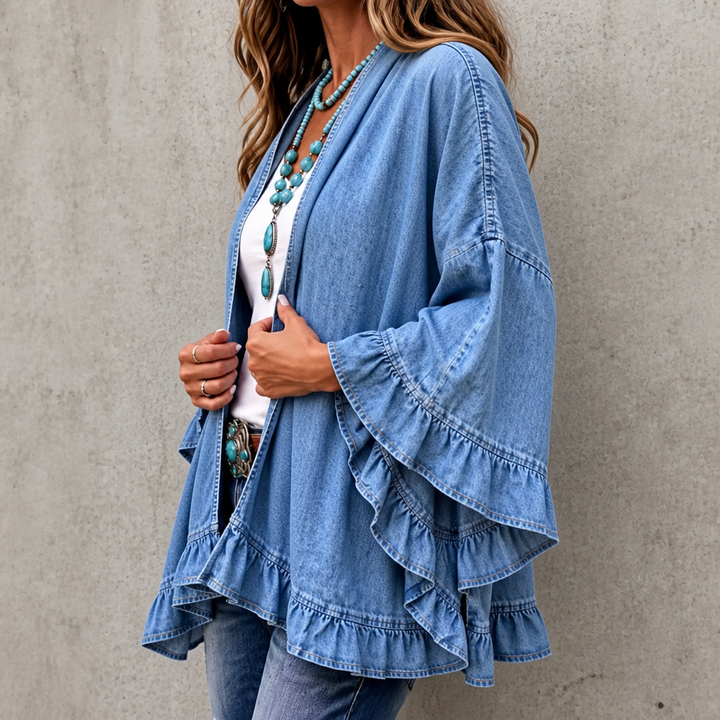 Ruffledenim – Kardigan z wykończeniem falbaną w stylu dżinsowym, otwarty z przodu
